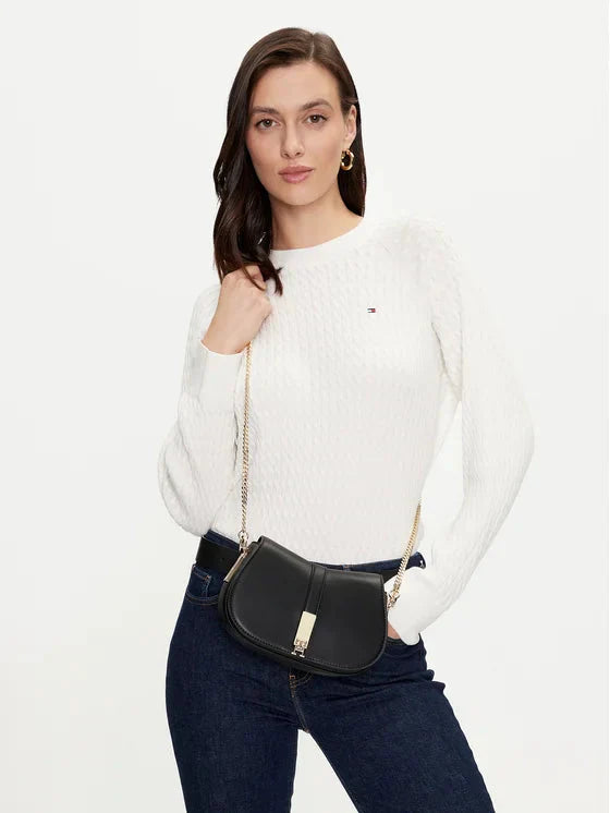 Tommy Hilfiger crna ženska torba s lancem i zlatnim detaljima-[SKU]