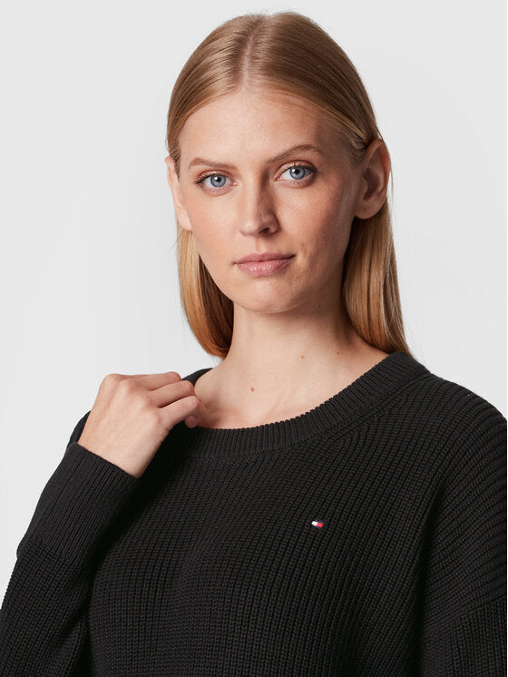 Tommy Hilfiger crni ženski džemper sa rebrastim uzorkom-[SKU]